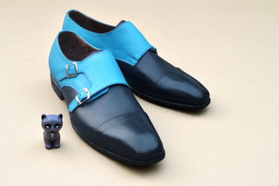Crafted Leather Classic Blue Double Monk Strap Shoes