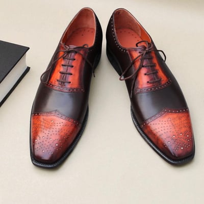 Crafted leather classic handmade brown patina leather wingtip oxford dress shoes  - Thumbnail 2
