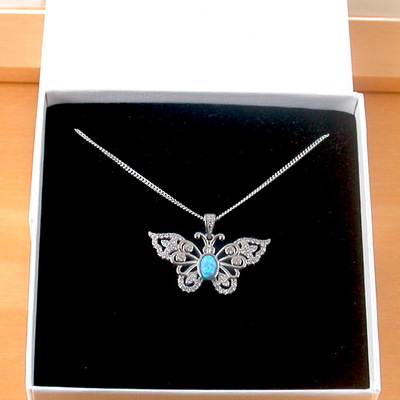 Boxed gift/sterling silver blue opal butterfly pendant & 18 inch chain/butterfly necklace/opal necklace/opal jewellery/october birthstone/uk