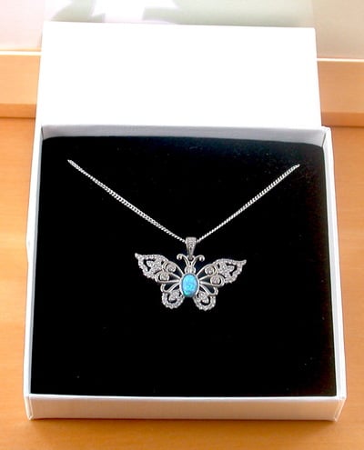 BOXED GIFT/Sterling Silver Blue Opal Butterfly Pendant & 18 inch Chain/Butterfly Necklace/Opal Necklace/Opal Jewellery/October Birthstone/UK