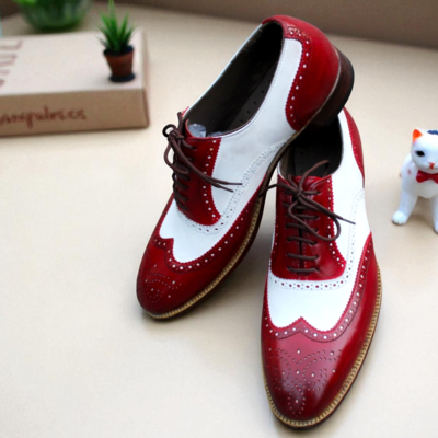Crafted leather classic men burgundy white leather dress oxford shoes - Thumbnail 1
