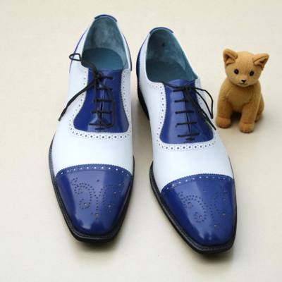 Crafted leather men blue white leather oxford lace up dress shoes - Thumbnail 3