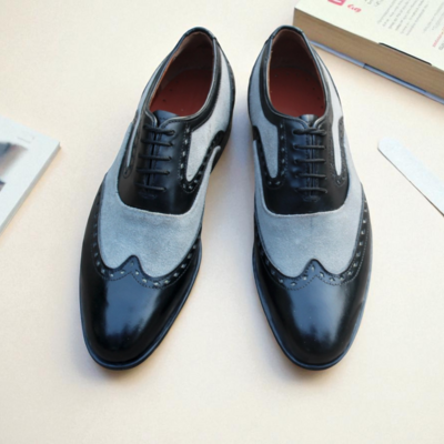 Crafted leather classic handmade black calf gray suede leather lace up oxford wingtip dress formal shoes - Thumbnail 1