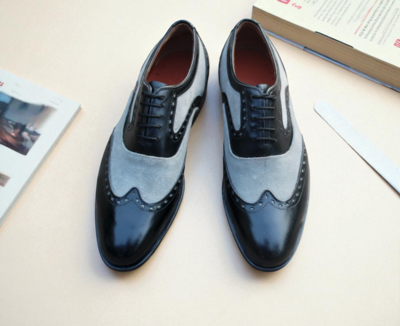 Crafted Leather Classic Handmade Black Calf Gray Suede Leather Lace up Oxford Wingtip Dress Formal Shoes