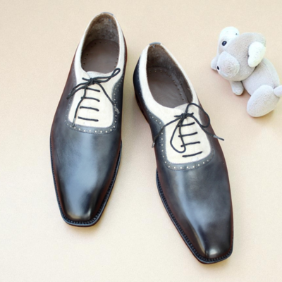  crafted leather gray calf beige suede leather formal dress lace up shoes - Thumbnail 1