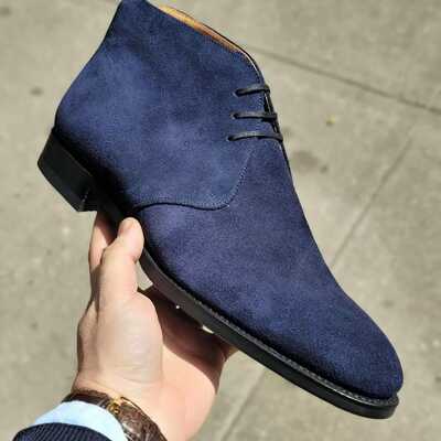 Handmade navy blue suede chukka nboots vintage victorian style men’s dress boots formal cap toe ankle boots groomsmen wedding shoes