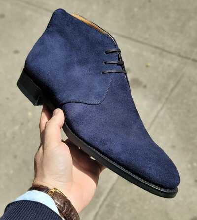 Handmade Navy Blue Suede Chukka nBoots Vintage Victorian Style Men’s Dress Boots Formal Cap Toe Ankle Boots Groomsmen Wedding Shoes