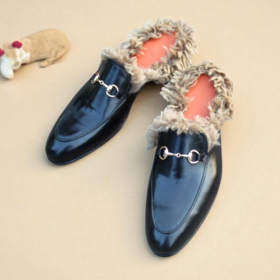 Crafted leather handmade black leather with fur slippers mules warm loafers shoes