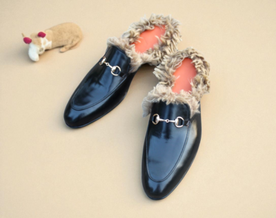 Crafted Leather Handmade Black Leather with Fur Slippers Mules Warm Loafers Shoes