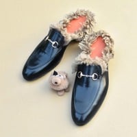 Crafted Leather Handmade Black Leather with Fur Slippers Mules Warm Loafers Shoes - Thumbnail 1