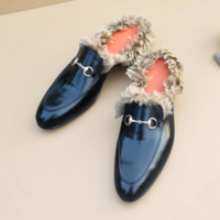 Crafted Leather Handmade Black Leather with Fur Slippers Mules Warm Loafers Shoes - Thumbnail 2