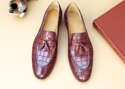 Crafted Leather Handmade Classic Brown Crocodile/Alligator Leather Tassel Loafers Dress Shoes
