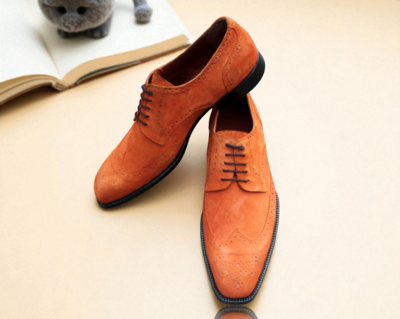 Crafted Leather Classic Tan Suede Wingtip Oxford Men Stunning Dress Lace up Shoes