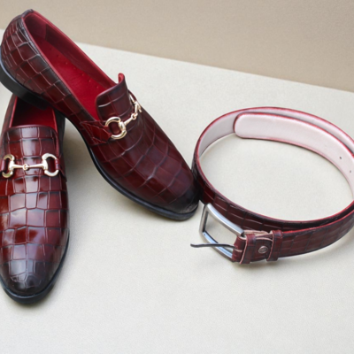 Crafted leather classic burgundy crocodile/alligator leather loafers dress shoes with matching belt
