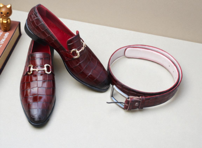 Crafted Leather Classic Burgundy Crocodile/Alligator Leather Loafers Dress Shoes with Matching Belt