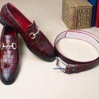 Crafted Leather Classic Burgundy Crocodile/Alligator Leather Loafers Dress Shoes with Matching Belt - Thumbnail 1