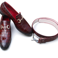 Crafted Leather Classic Burgundy Crocodile/Alligator Leather Loafers Dress Shoes with Matching Belt - Thumbnail 2