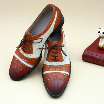 Crafted leather handmade classic brown white leather oxfords dress shoes