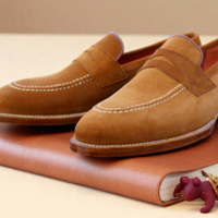 Crafted Leather Classic Brown Suede Leather Moccasin Loafers Dress Shoes - Thumbnail 2