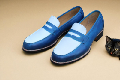 Crafted Leather Classic Blue White Leather Moccasin Loafers Dress Shoes