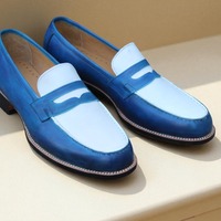 Crafted Leather Classic Blue White Leather Moccasin Loafers Dress Shoes - Thumbnail 1