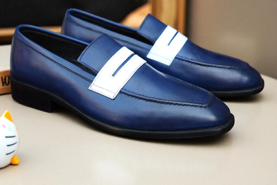 Crafted Leather Handmade Classic Blue White Leather Moccasin Loafers Dress Shoes