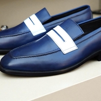 Crafted Leather Handmade Classic Blue White Leather Moccasin Loafers Dress Shoes - Thumbnail 1