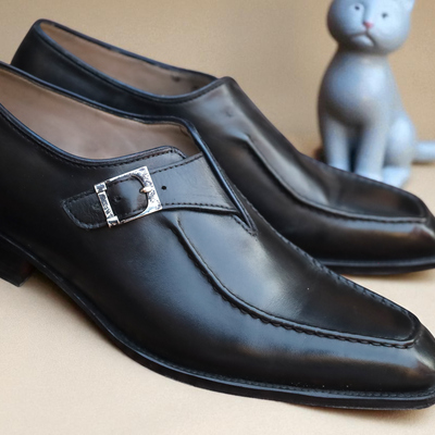 Crafted leather handmade classic black leather monk strap dress shoes - Thumbnail 1
