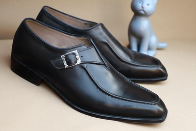 Crafted Leather Handmade Classic Black Leather Monk Strap Dress Shoes