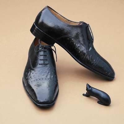 Crafted leather men shoes black ostrich leather lace up dress shoes - Thumbnail 1