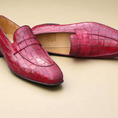 Crafted leather classic men burgundy crocodile leather loafers dress shoes - Thumbnail 1