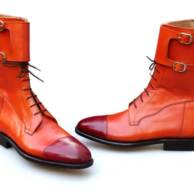 Crafted leather handmade men tan brown leather buckle strap ankle high lace up boot - Thumbnail 1