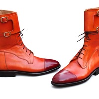 Crafted Leather Handmade Men Tan Brown Leather Buckle Strap Ankle High Lace up Boot - Thumbnail 1