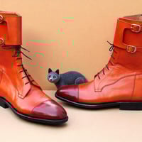 Crafted Leather Handmade Men Tan Brown Leather Buckle Strap Ankle High Lace up Boot - Thumbnail 2