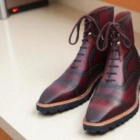 Crafted Leather Handmade Burgundy Leather Ankle High Lace up Boot - Thumbnail 1