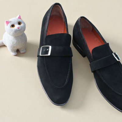 Crafted leather classic black suede leather monk strap dress shoes - Thumbnail 1