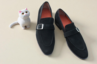 Crafted Leather Classic Black Suede Leather Monk Strap Dress Shoes