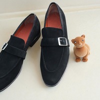 Crafted Leather Classic Black Suede Leather Monk Strap Dress Shoes - Thumbnail 1