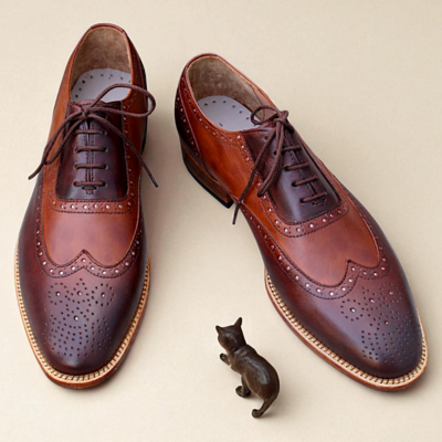 Crafted leather handmade brown patina leather oxfords lace up dress shoes - Thumbnail 4