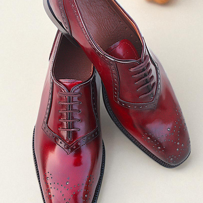 Crafted leather handmade burgundy leather wingtip oxford dress shoes - Thumbnail 3