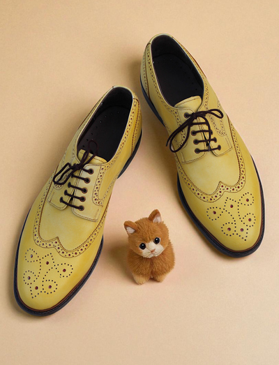 Crafted Leather Men Elegant Yellow Wingtip Oxford Dress Shoes