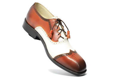 Crafted Leather Classic Brown White Leather Ghillie Laces Wingtip Oxford Dress Shoes