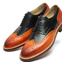 Crafted Leather Handmade Classic Brown Black Leather Wingtip Oxfords Dress Shoes - Thumbnail 1