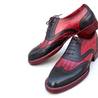 Crafted Leather Handmade Men Classic Genuine Black Red Leather Lace up Oxford Dress Shoes - Thumbnail 1