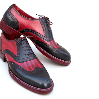 Crafted leather handmade men classic genuine black red leather lace up oxford dress shoes - Thumbnail 1