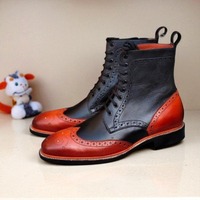 Crafted Leather Handmade Men Dress Shoes Black Brown Leather Ankle High Wingtip Balmoral Boot - Thumbnail 1