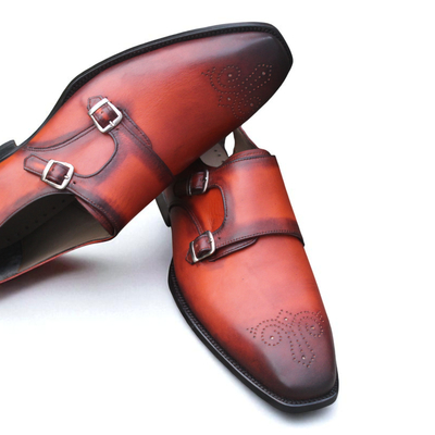 Crafted leather classic handmade men's tan leather monk strap dress shoes - Thumbnail 1