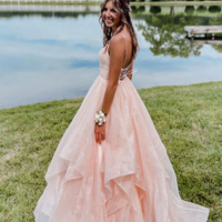 Beautiful Pink V Neck Tulle Formal Prom Dresses With Backless - Thumbnail 1