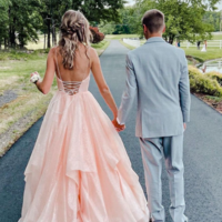 Beautiful Pink V Neck Tulle Formal Prom Dresses With Backless - Thumbnail 2