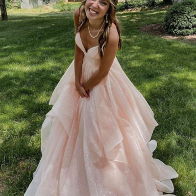Beautiful pink v neck tulle formal prom dresses with backless
